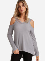 Wholesale Cold Shoulder Plain Lace Long Sleeve Grey T-Shirts