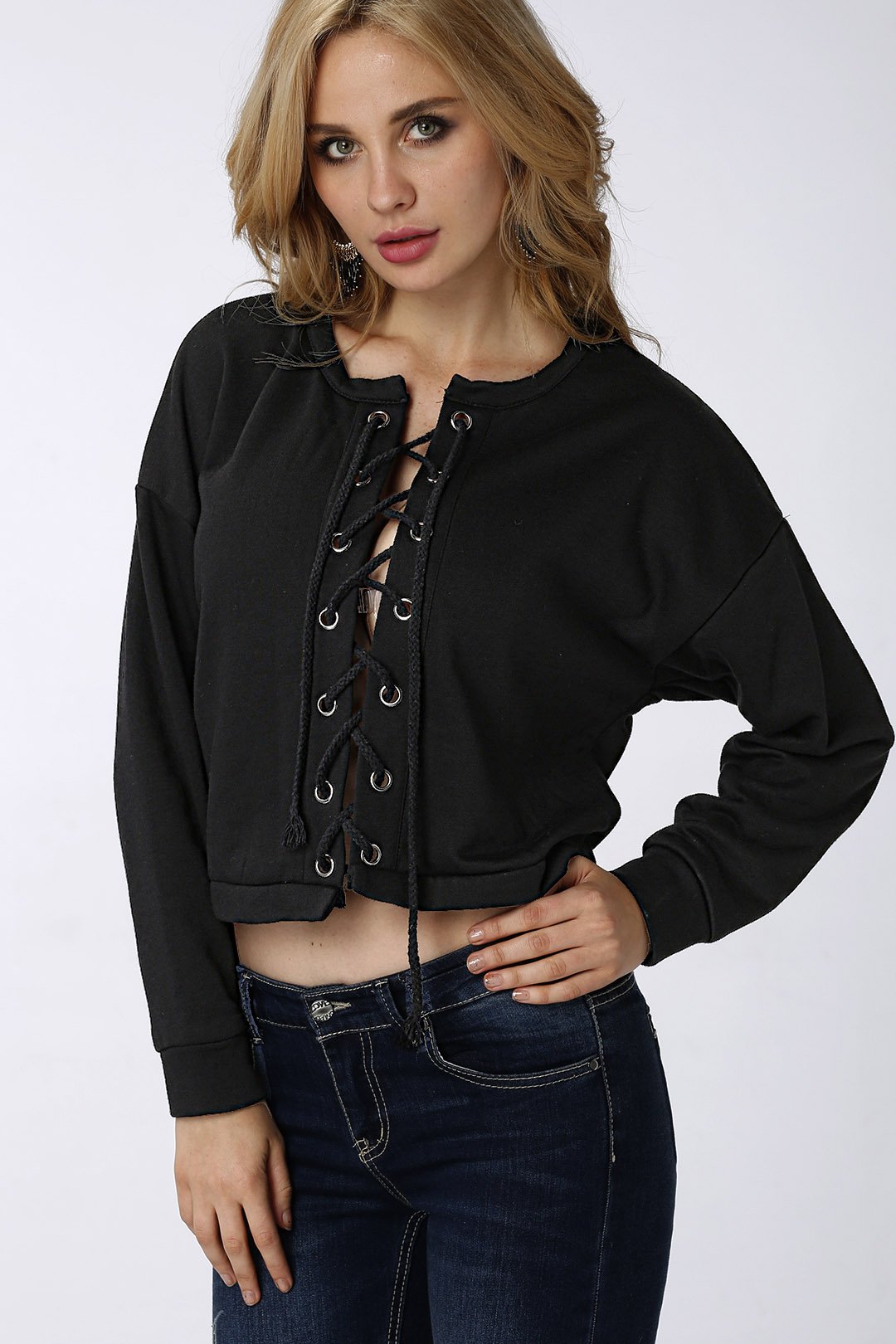 Wholesale Fashion Front Lace-Up Long Sleeves Top