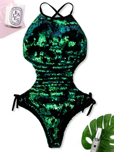Wholesale Green Halter Sleeveless Backless Sequins Embellished Tie-Up One-Pieces Swimsuits