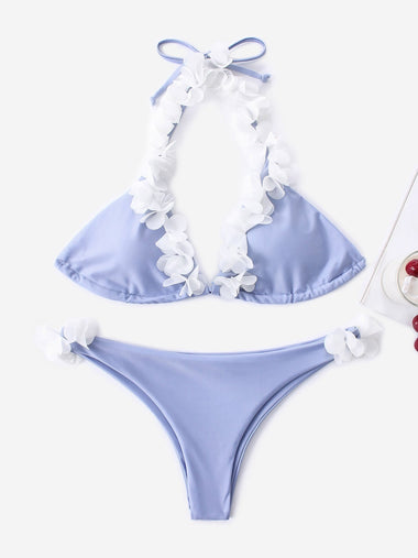 Wholesale Sky Blue Halter Sleeveless Backless Two Piece Bikinis