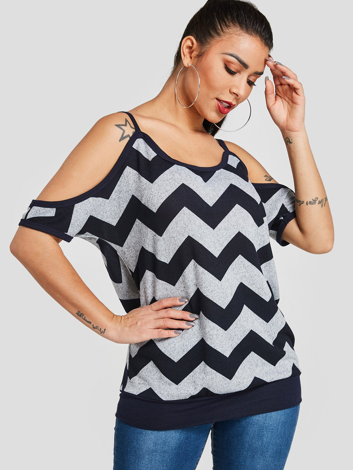 Wholesale Cold Shoulder Stripe Wave Short Sleeve Blouses