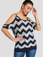Wholesale Cold Shoulder Stripe Wave Short Sleeve Blouses
