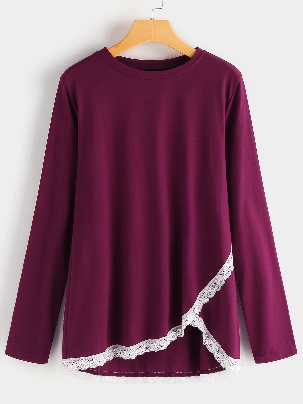 Wholesale Crew Neck Plain Lace Long Sleeve Burgundy T-Shirts