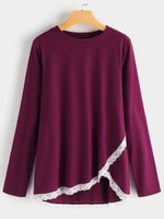Wholesale Crew Neck Plain Lace Long Sleeve Burgundy T-Shirts