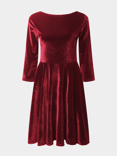 Wholesale Crimson Round Neck 3/4 Length Sleeve Plain Backless Ruffle Hem Sexy Dress