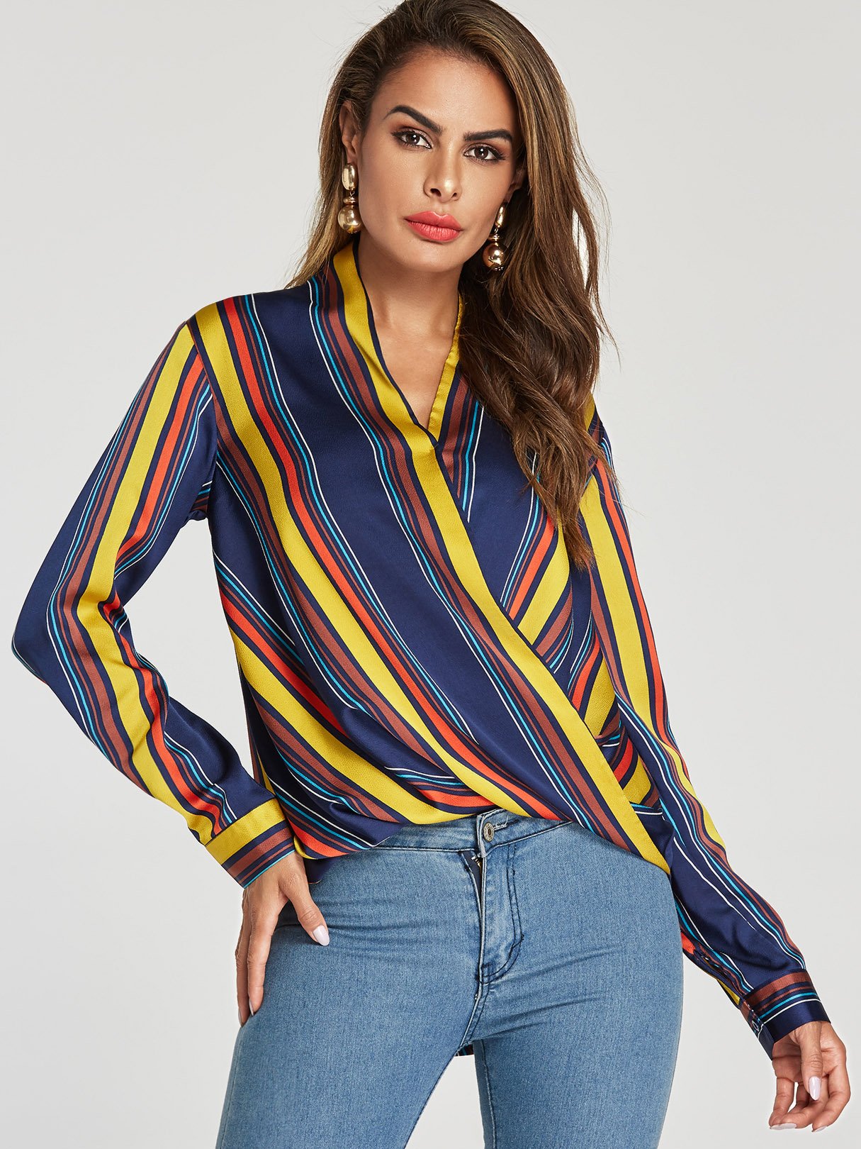 Wholesale V-Neck Stripe Crossed Front Long Sleeve Blouse