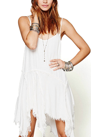 Wholesale White Sleeveless Tassel Irregular Hem Casual Dress