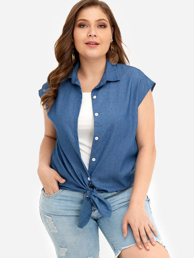 Wholesale Classic Collar Plain Self-Tie Short Sleeve Blue Plus Size Tops