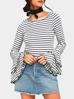 Wholesale Stripe Round Neck Flared Sleeves T-Shirts