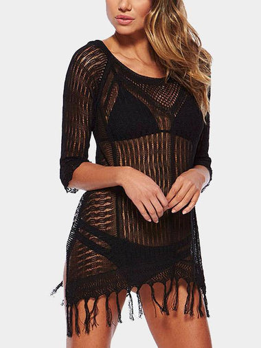 Wholesale Black Round Neck 3/4 Sleeve Length Tassel Hem Mini Dress