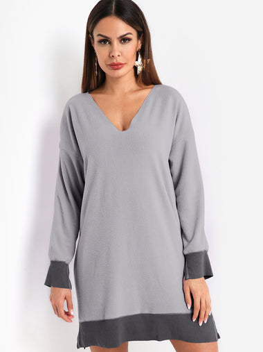 Wholesale V-Neck Plain Slit Long Sleeve Grey Shirt Dresses