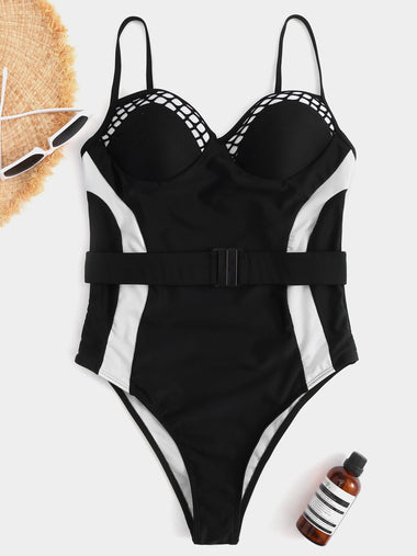 Wholesale Stripe Belt Sleeveless High-Waisted Black One-Pieces