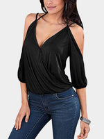 Wholesale Cold Shoulder Plain 3/4 Sleeve Black Blouses