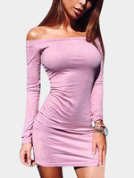 Wholesale Pink Off The Shoulder Long Sleeve Plain Bodycon Mini Dress