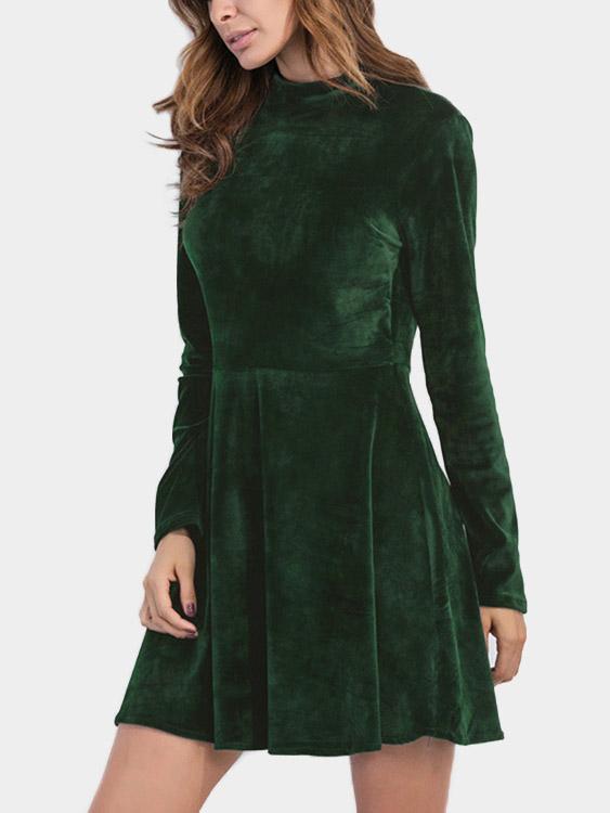 Wholesale Green Chimney Collar Pullover Long Sleeve Plain Backless Sexy Dress