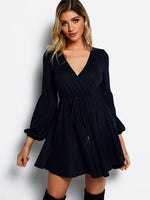 Wholesale Deep V Neck Plain Crossed Front Pleated Self-Tie Long Sleeve Ruffle Hem Navy Dresses