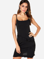 Wholesale Black Sleeveless Plain Backless Spaghetti Strap Flounced Hem Sexy Dresses
