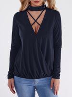 Wholesale Halter V-Neck Plain Crossed Front Lace-Up Long Sleeve Navy Top