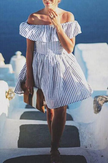 Wholesale Blue Off The Shoulder Short Sleeve Backless Mini Dress