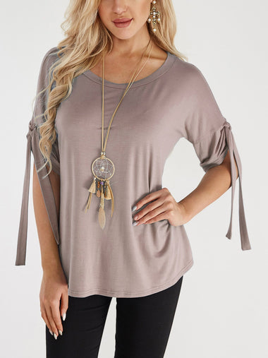 Wholesale Round Neck Lace-Up Half Sleeve Khaki T-Shirts