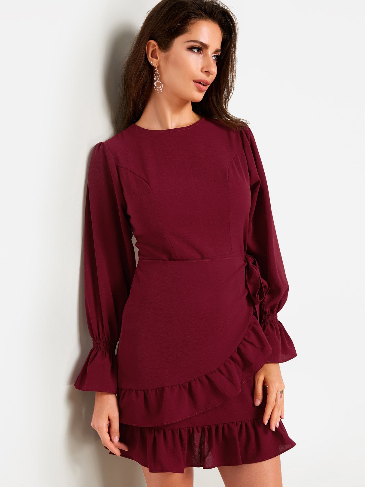 Wholesale Burgundy Round Neck Plain Self-Tie Flounced Hem Sexy Dress