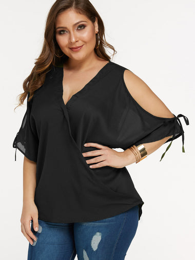 Wholesale V-Neck Cold Shoulder Plain Self-Tie 3/4 Sleeve Plus Size Tops