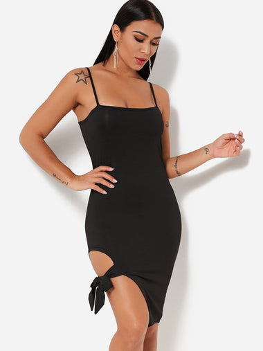 Wholesale Black Off The Shoulder Sleeveless Plain Zip Back Slit Spaghetti Strap Self-Tie Dresses