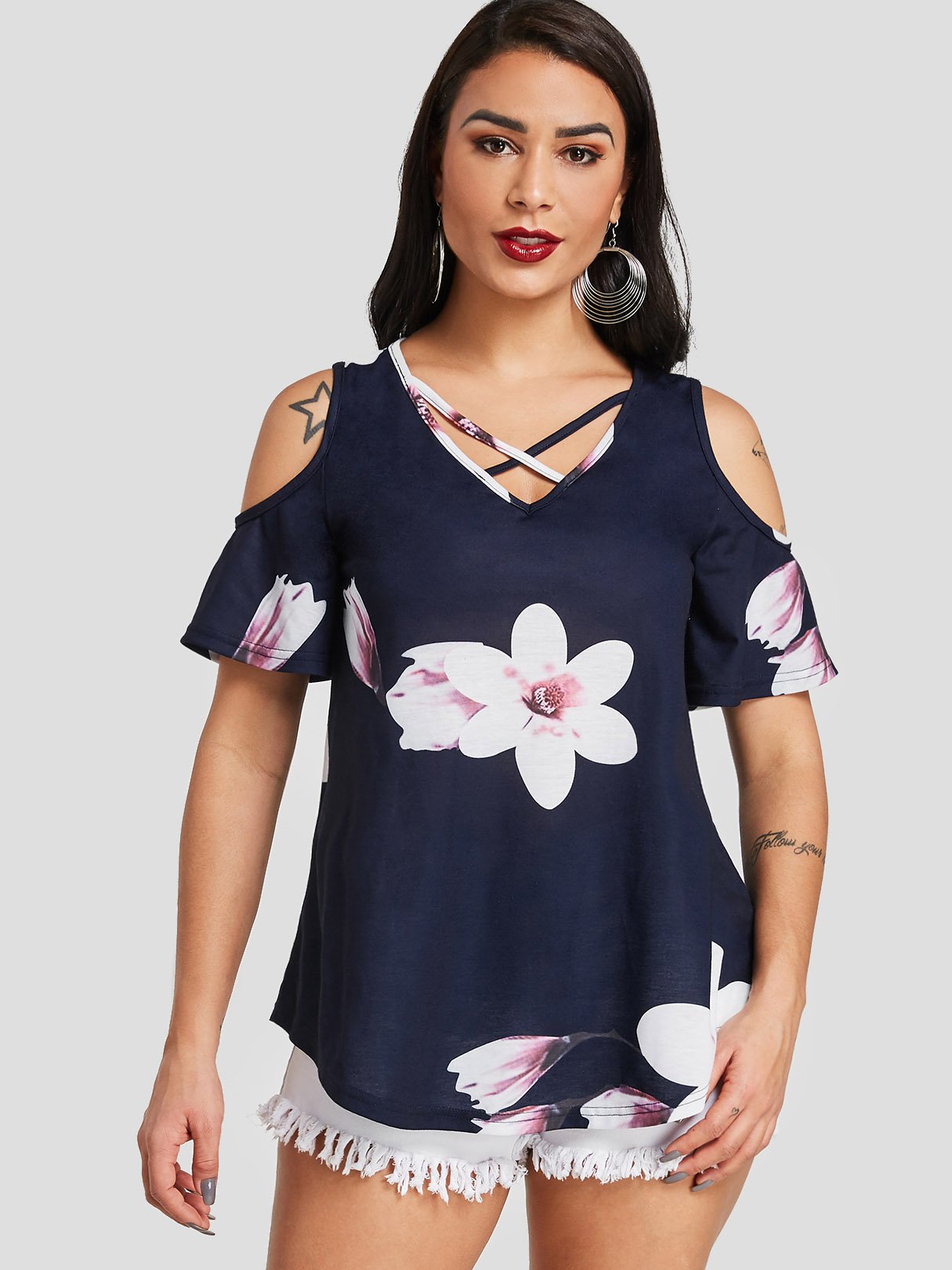 Wholesale Cold Shoulder Floral Print Criss-Cross Short Sleeve Navy T-Shirts