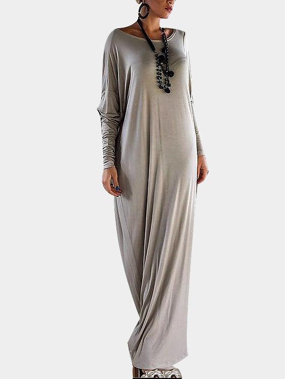Wholesale Scoop Neck Plain Long Sleeve Khaki Maxi Dress