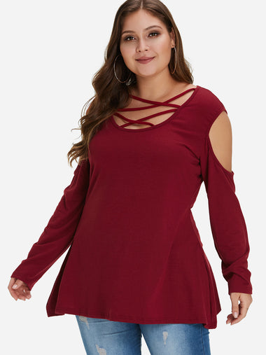Wholesale Scoop Neck Plain Cut Out Long Sleeve Burgundy Plus Size Tops