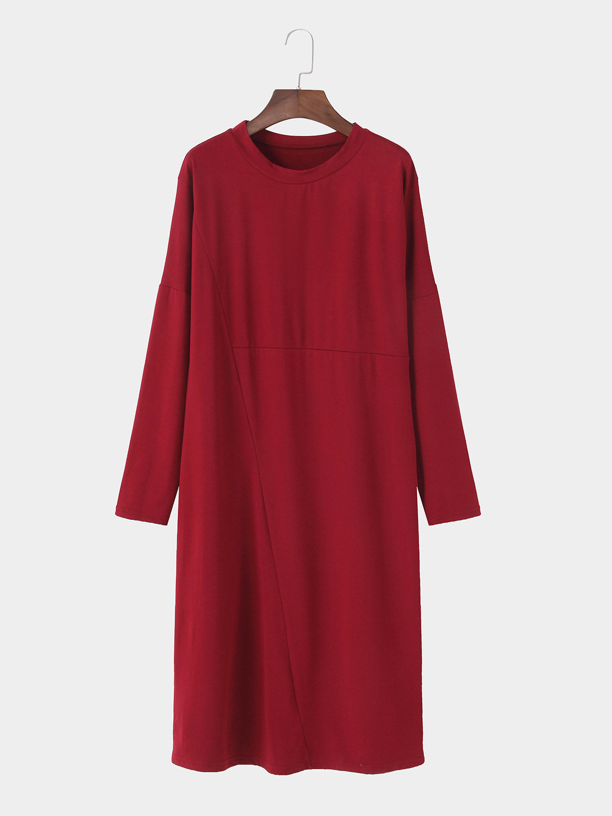 Wholesale Round Neck Plain Long Sleeve Red Plus Size Dress