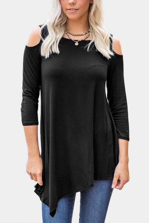 Wholesale Round Neck Cold Shoulder 3/4 Sleeve Irregular Hem Black T-Shirts