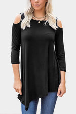 Wholesale Round Neck Cold Shoulder 3/4 Sleeve Irregular Hem Black T-Shirts