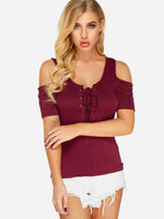 Wholesale V-Neck Cold Shoulder Plain Lace-Up Short Sleeve Burgundy T-Shirts