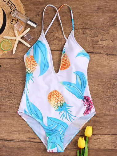 Wholesale Halter Deep V Neck Sleeveless Printed Backless One-Pieces