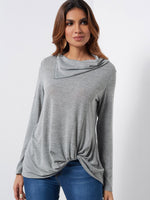 Wholesale Lapel Collar Crossed Front Long Sleeve Grey Top