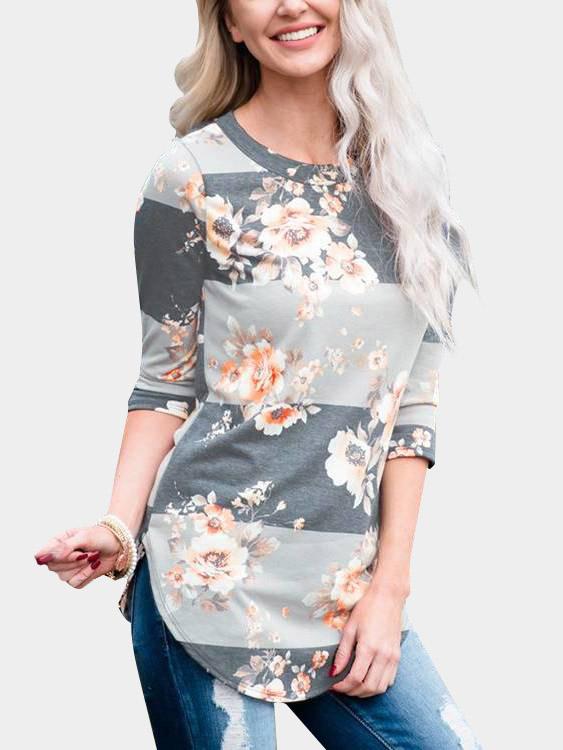 Wholesale Round Neck Floral Print 3/4 Sleeve Curved Hem T-Shirt