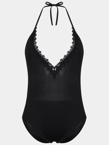 Wholesale Black V-Neck Sleeveless Lace Backless Lace-Up One-Pieces Swimsuits