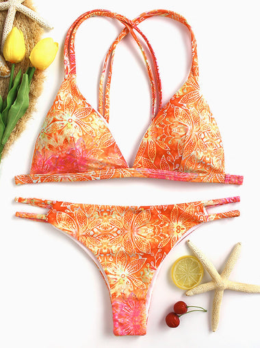Wholesale V-Neck Sleeveless Floral Print Backless Bikini Set