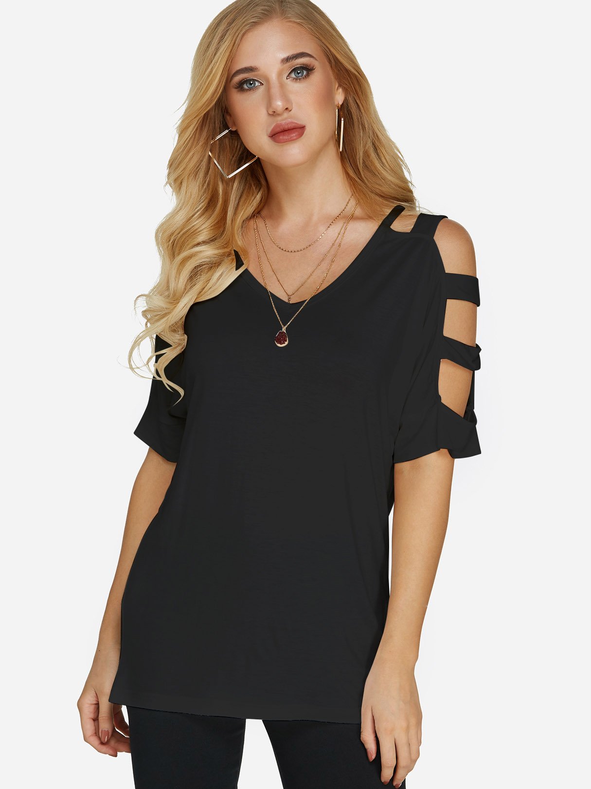 Wholesale Cold Shoulder Cut Out Half Sleeve Black T-Shirts