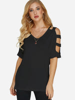 Wholesale Cold Shoulder Cut Out Half Sleeve Black T-Shirts