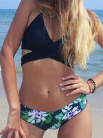 Wholesale V-Neck Sleeveless Floral Print Crossed Front Neck Strap Bikinis