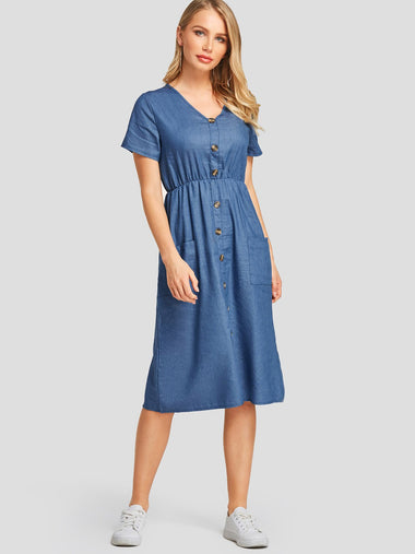 Wholesale V-Neck Short Sleeve Plain Wrap Dresses