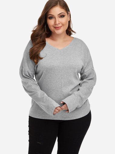 Wholesale V-Neck Plain Long Sleeve Plus Size Tops