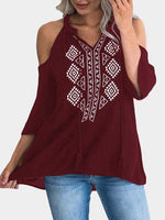 Wholesale V-Neck Cold Shoulder Printed 3/4 Sleeve T-Shirts