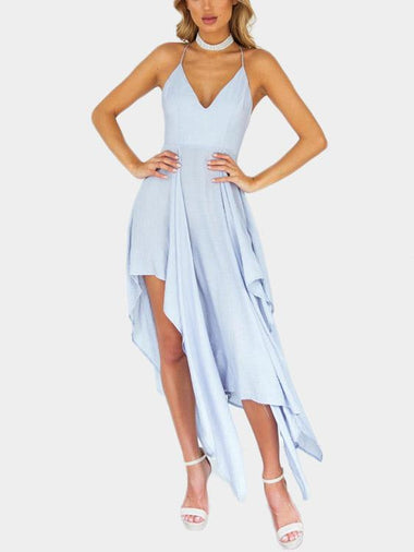 Wholesale Sky Blue V-Neck Sleeveless Backless Irregular Asymmetrical Hem Dresses