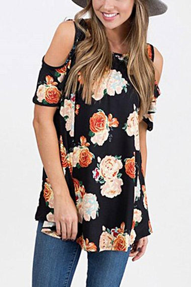 Wholesale Round Neck Cold Shoulder Floral Print Short Sleeve Top