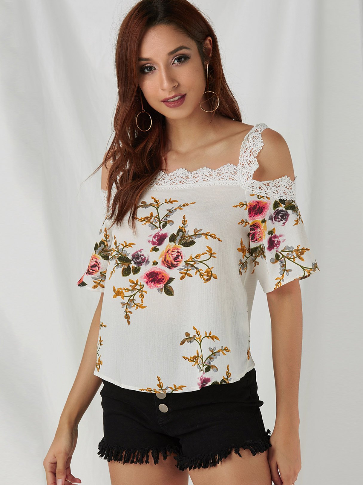 Wholesale Cold Shoulder Floral Print Lace Short Sleeve White Top