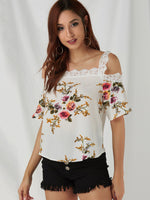 Wholesale Cold Shoulder Floral Print Lace Short Sleeve White Top