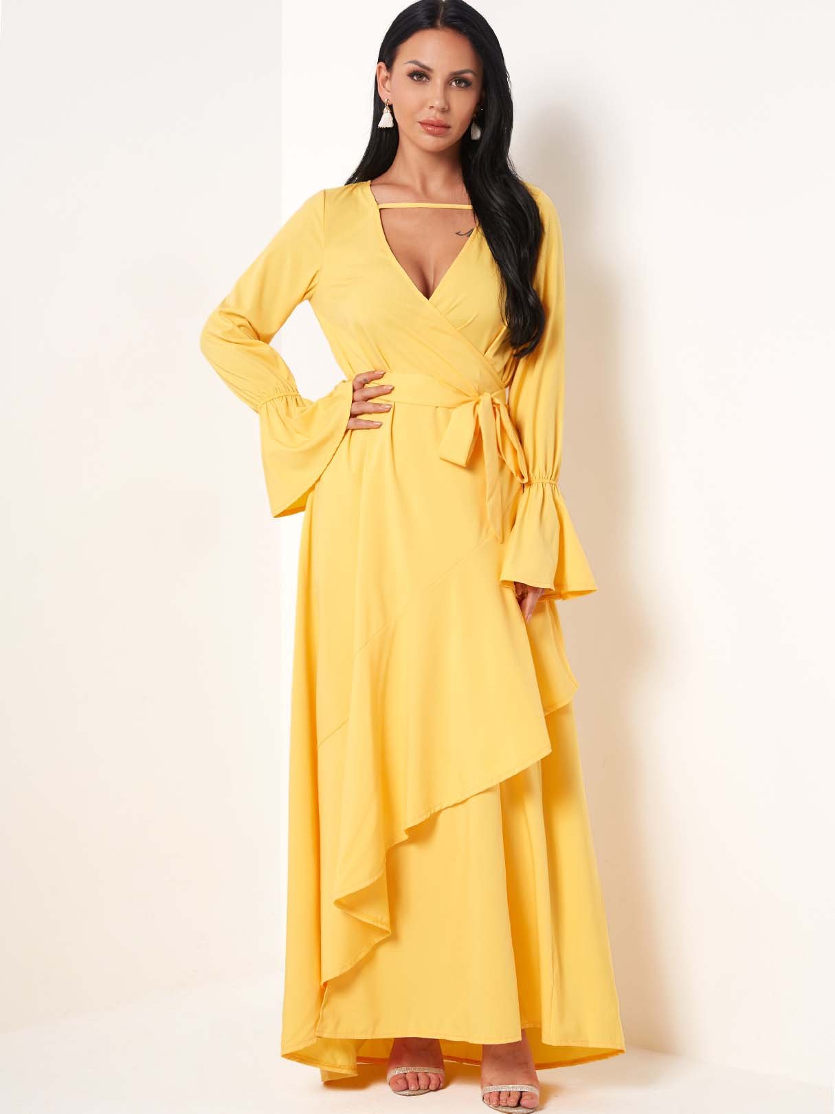 Wholesale Yellow V-Neck Long Sleeve Tie-Up Wrap Asymmetrical Hem Dresses